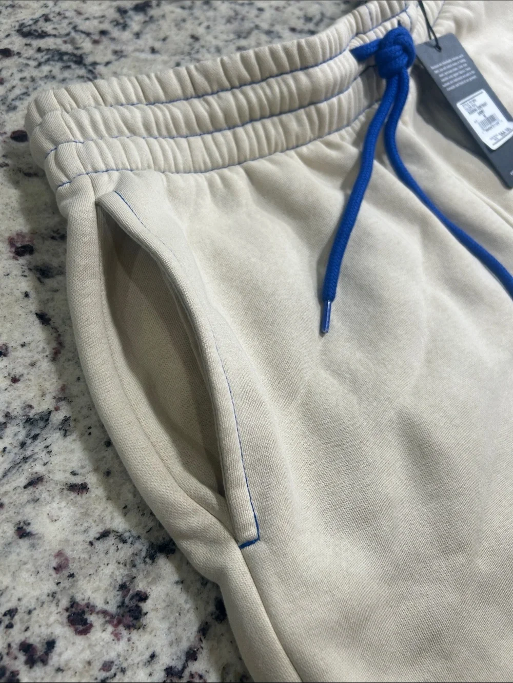 True Religion Cream Shorts with Blue Drawstring and Trim